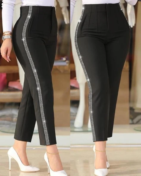 Kadın Yüksek Bel Yanlardan Taş Detaylı Ithal Krep Pantolon - Resim 3