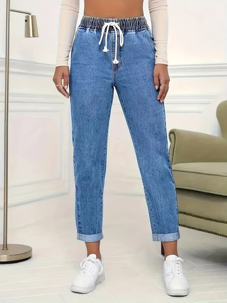 Kadın Yüksek Bel Bağcıklı Kot Pantolon - Resim 3