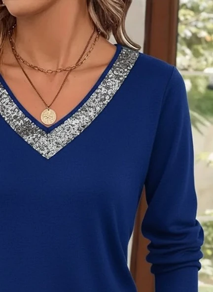 Kadın Uzun Kollu V Payet Yakalı Viskon Bluz - Resim 2