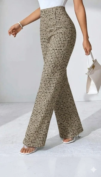 Kadın Yüksek Bel Paçaya Doğru Geniş Dokuma Pantolon ürün görseli 1