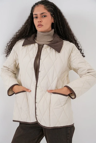 Kapitone Oversize Mont 5226 - Ekru Kahve ürün görseli 1