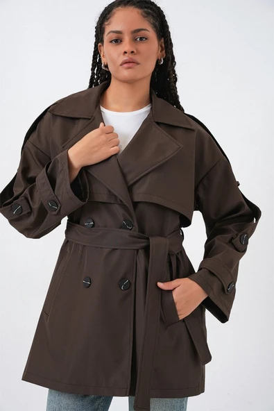 Kuşaklı Kısa Trençkot 5974 - A.Kahve ürün görseli 1