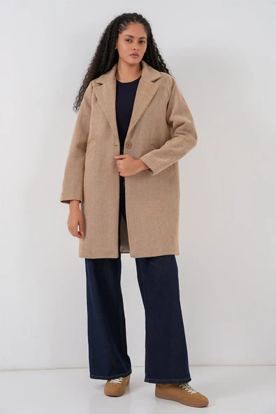 9085 Balık Sırtı Kaşe Kaban - Camel - Resim 2