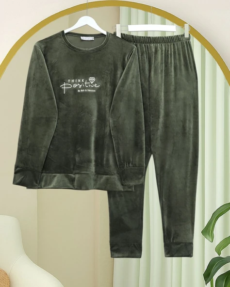 Kabartma Yazılı Fransız Kadife Pijama Takımı -Haki ürün görseli 1