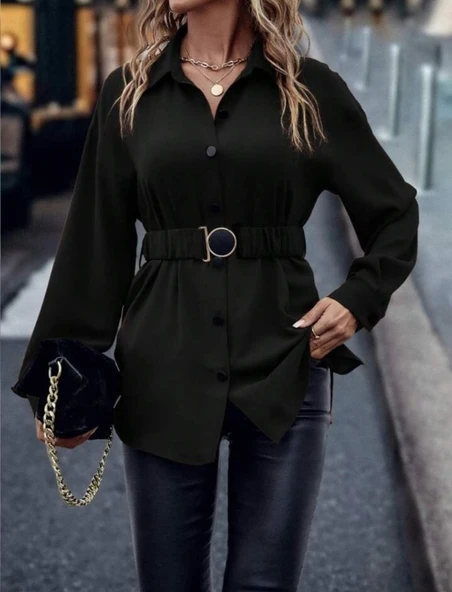 Kadın Uzun Kollu Yakalı önden Düğmeli Belden Kemerli Ithal Krep Bluz ürün görseli 1