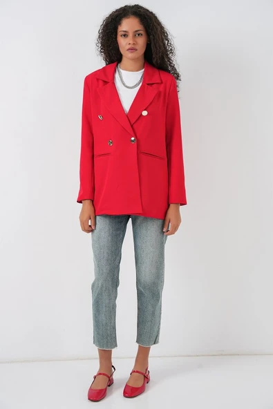 Kruvaze Yaka Blazer Ceket 0722 - Kırmızı - Resim 2