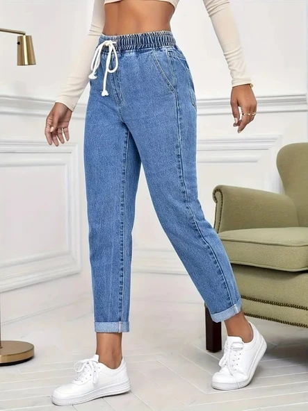 Kadın Yüksek Bel Bağcıklı Kot Pantolon - Resim 4