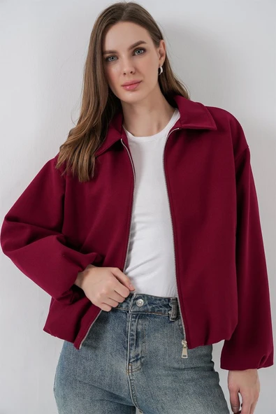 Büzgülü Oversize Kaşe Ceket 0728 - Bordo ürün görseli 1