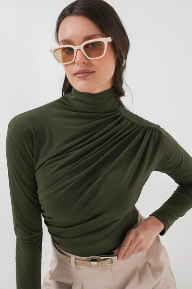 925 Büzgü Detaylı Sandy Bluz - Haki ürün görseli 1