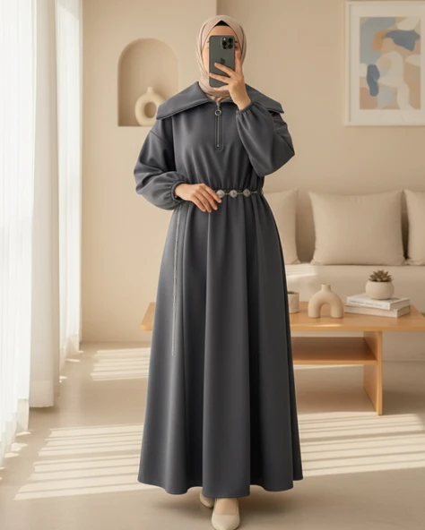 Boğazlı Yarım Fermuarlı Beli Büzgülü Kemerli Scuba Elbise  -Füme - Resim 2