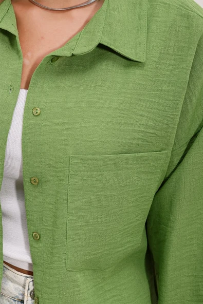 20153 Tek Cepli Oversize Keten Gömlek - E.Yeşil - Resim 3