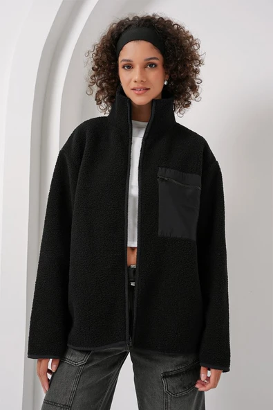 55446 Fermuarlı Oversize Peluş Ceket Mont - Siyah ürün görseli 1