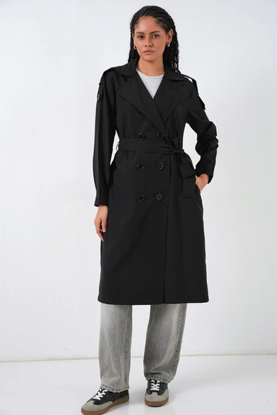 Kruvaze Yaka Trençkot 5978 - Siyah - Resim 2