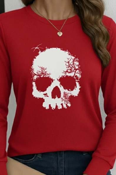 Kadın Uzun Kollu Bisiklet Yaka Kurukafa Desenli Viskon Bluz - Resim 2