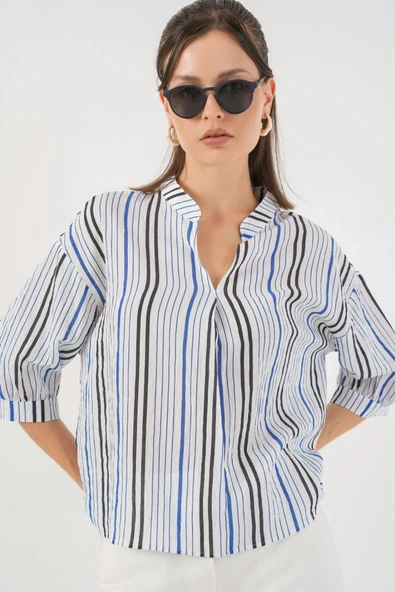 Çizgili Oversize Bluz 967 - Lacivert ürün görseli 1