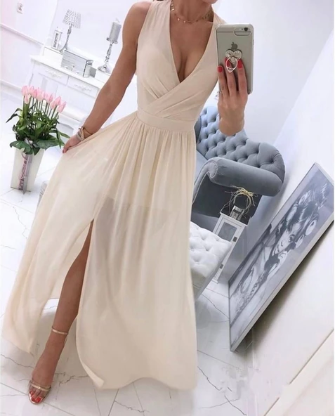 Kadın şifon Kumaş V Yaka Sıfır Kol Maxi Boy Elbise ürün görseli 1