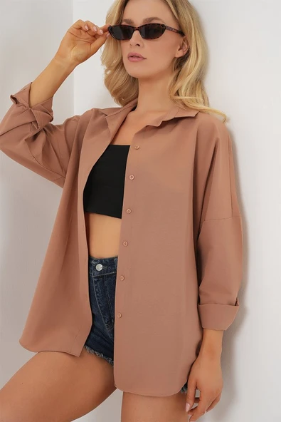 3900 Oversize Uzun Basic Gömlek - Camel - Resim 4