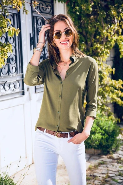 Kadın Uzun Kollu Dokuma Kumaş Klasik Gömlek ürün görseli 1