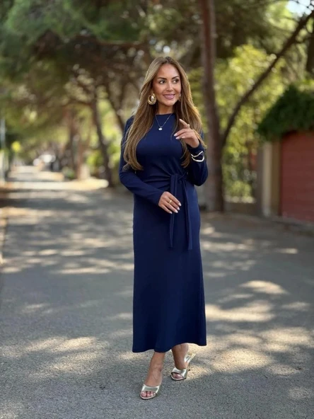 Kadın Uzun Kollu Bisiklet Yaka Yandan Bağlamalı Uzun Modal Elbise - Resim 3