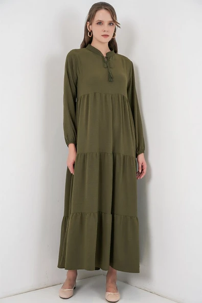 T1627 Yaka Bağcıklı Elbise - D.Haki ürün görseli 1