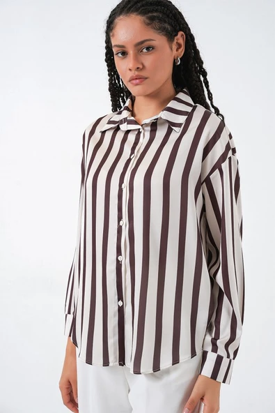 3964 Hafif Dökümlü Saten Gömlek - M. Kahverengi - Resim 4