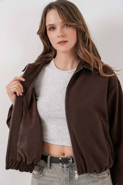 Büzgülü Oversize Kaşe Ceket 0728 - Kahverengi - Resim 4