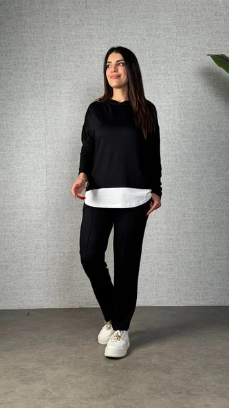 Kadın Uzun Kollu Kapşonlu Bağcıklı Viskon Iki Iplik Bluz Ve Pantolon Ikili Takım ürün görseli 1