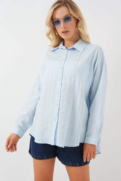 3900 Oversize Uzun Basic Gömlek - C.Mavi - Resim 3