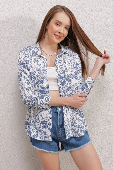 3721 Grafik Desenli Gömlek - Açık Mavi - Resim 2