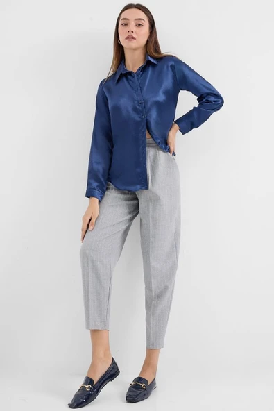 3964 Hafif Dökümlü Saten Gömlek - Lacivert ürün görseli 1