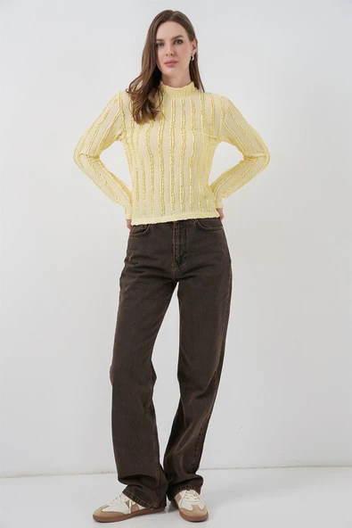 Dokulu Esnek Örme Bluz 975 - Sarı - Resim 2