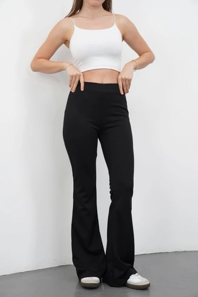 Kadın Yüksek Bel Krep Kumaş Bol Paça Pantolon - Resim 6