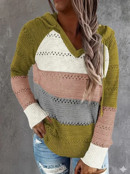 Kadın Uzun Kollu V Yakalı Bağcıklı Kapşonlu Triko Bluz ürün görseli 1