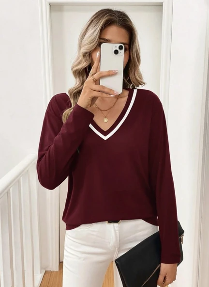 Kadın Uzun Kollu V Yakalı Viskon Iki Iplik Bluz - Resim 2