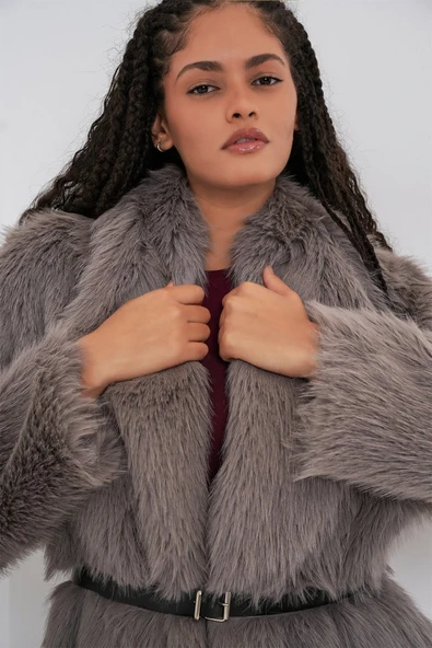 Kemerli Oversize Kürklü Kaban 9156 - Füme - Resim 4