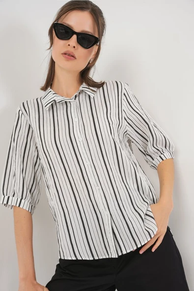 Çizgili Kısa Kol Gömlek 20345 - Siyah - Resim 4