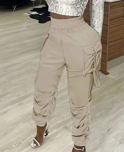 Kadın Yüksek Bel Beli Lastikli Kargo Cep Detaylı Gabardin Pantolon - Resim 3