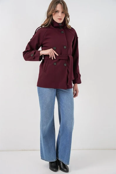 Kuşaklı Kaşe Kaban 9162 - Bordo - Resim 2