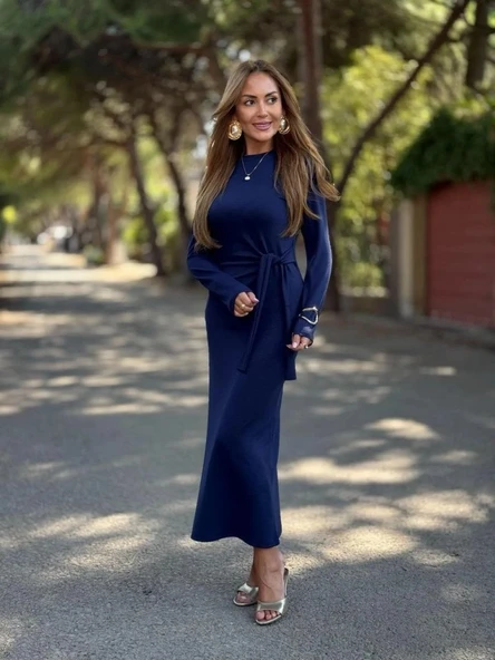 Kadın Uzun Kollu Bisiklet Yaka Yandan Bağlamalı Uzun Modal Elbise ürün görseli 1