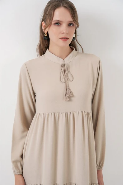 T1627 Yaka Bağcıklı Elbise - Taş - Resim 2
