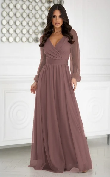 Kadın Uzun Kollu Kruvaze Yakalı Belden Kuşaklı Tüllü Uzun Ithal Krep Elbise - Resim 3