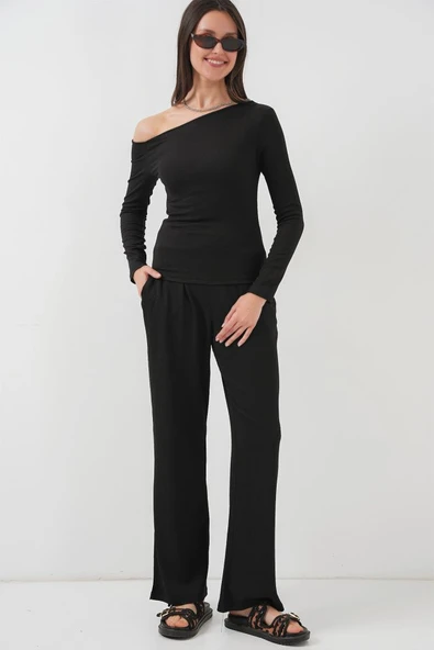 6708 Düşük Omuz Alt Üst Takım - Siyah - Resim 3
