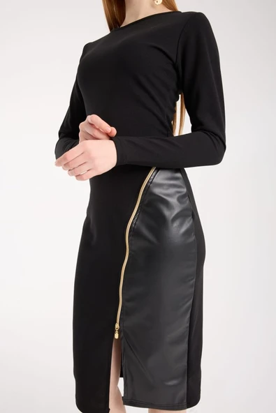 Kadın Bisiklet Yaka Uzun Kollu Deri Ve Fermuar Detay Mini Yırtmaçlı Elbise - Resim 3