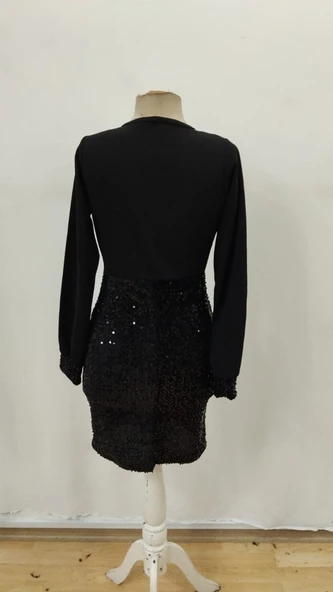 Kadın Uzun Kollu Kruvaze Yakalı üst Ithal Krep Alt Pulpayetli Mini Ithal Krep Elbise - Resim 5