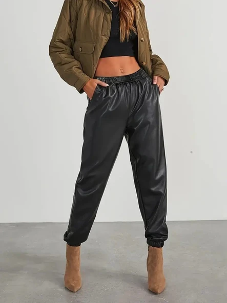 Kadın Yüksek Bel Lastikli önü Düğmeli Deri Pantolon - Resim 3