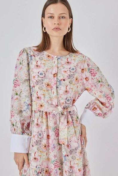 Kuşaklı Uzun Elbise 2584 - Pembe - Resim 3