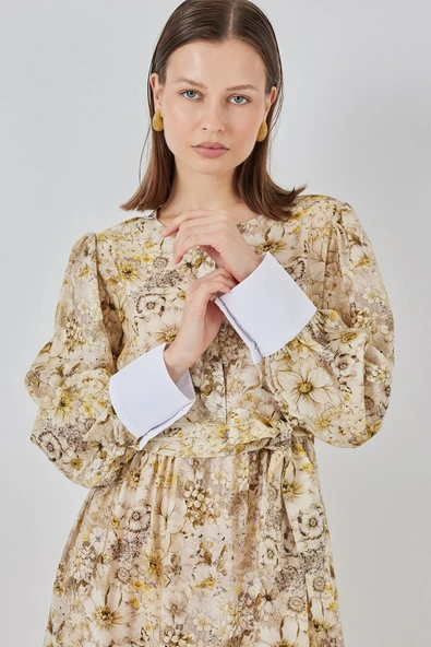 Kuşaklı Uzun Elbise 2584 - B.Sarı - Resim 3