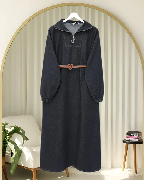 Yarım Boğazlı Fermuarlı Cepli Kot Elbise  -Antrasit ürün görseli 1