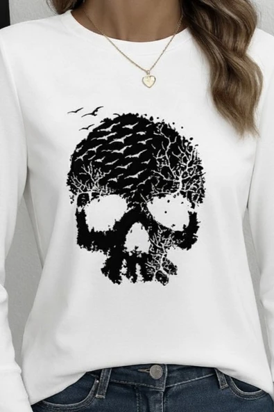 Kadın Uzun Kollu Bisiklet Yaka Kurukafa Desenli Viskon Bluz - Resim 2