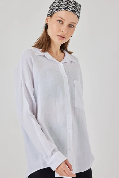 Tek Cepli Oversize Müslin Gömlek 20353 - Beyaz - Resim 4